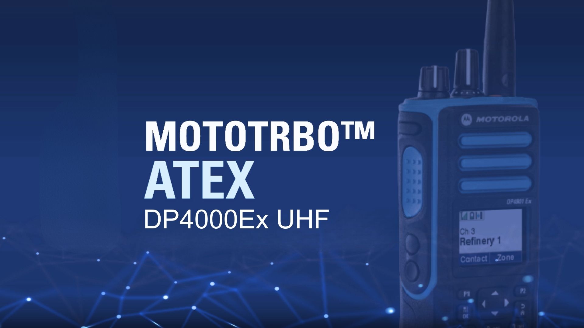 Ein Motorola MOTOTRBO DP4000Ex ATEX Funkger&auml;t ist vor einem grafischen Hintergrund dargestellt.