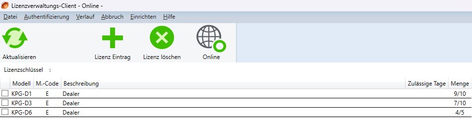 Im KENWOOD License Management Client KPT-300LMC zeigt die Spalte Menge die genutzten Aktivierungen, z. B. 9/10 für KPG-D1