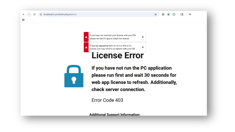 Interface web du Motorola IMPRES Battery Fleet Manager avec message d’erreur de licence et code d’erreur 403 lors de l’accès à l’application.