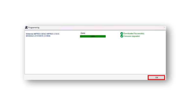 Le MSI Charger Reprogrammer indique la r&eacute;ussite de la mise &agrave; jour du micrologiciel.