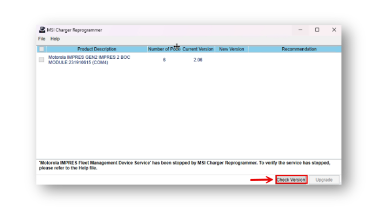 La fonction de v&eacute;rification de la version du micrologiciel est affich&eacute;e dans le logiciel MSI Charger Reprogrammer.